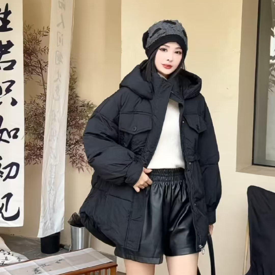 D3503韩系连帽抽绳收腰棉外套冬季宽松甜美上衣