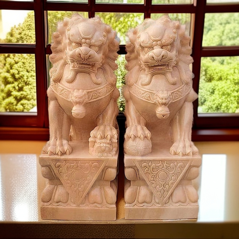 石材雕塑对狮手工
