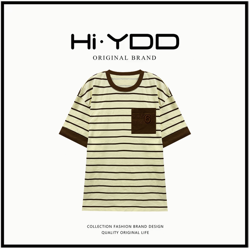 YDD•A937 条纹花撞色短袖宽松显瘦圆领上衣