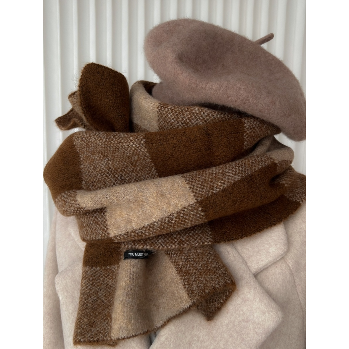 棕色格子围巾女冬季美拉德大衣穿搭氛围感咖啡色加厚保暖围脖男生