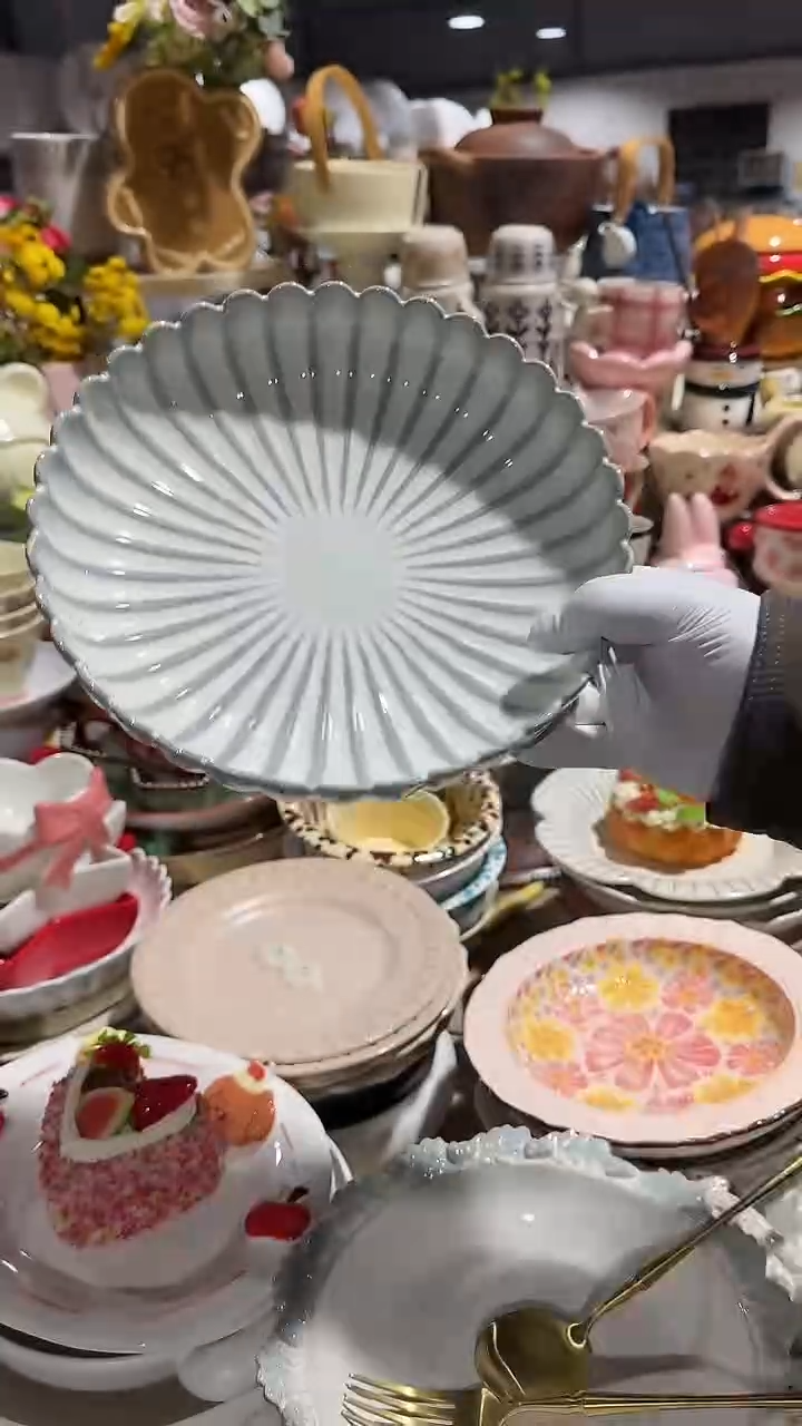 陶瓷9英寸窑变天目菊深盘微瑕 凑满20元包邮