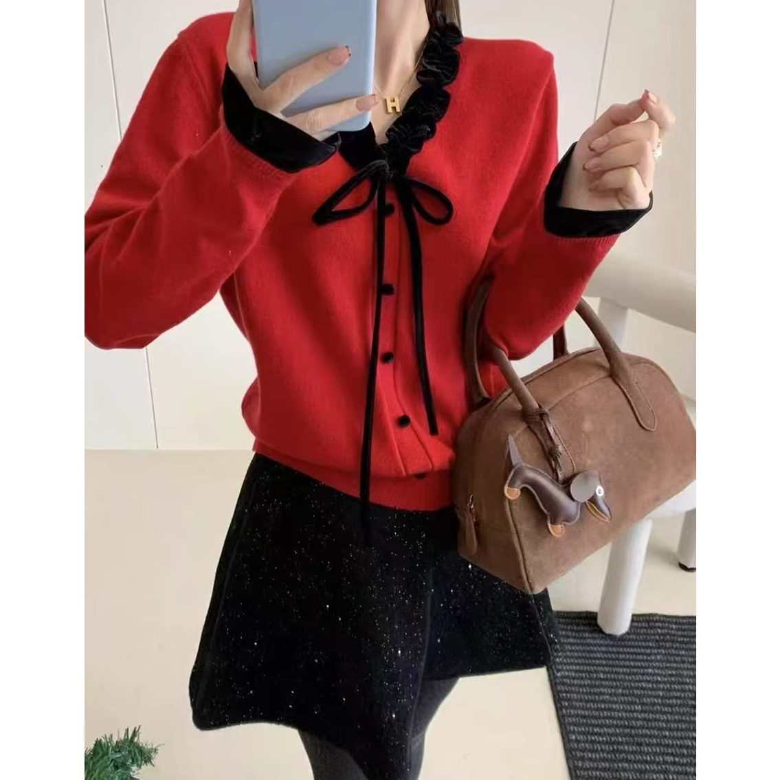 法式撞色V领花边系带上衣秋冬短款毛衣