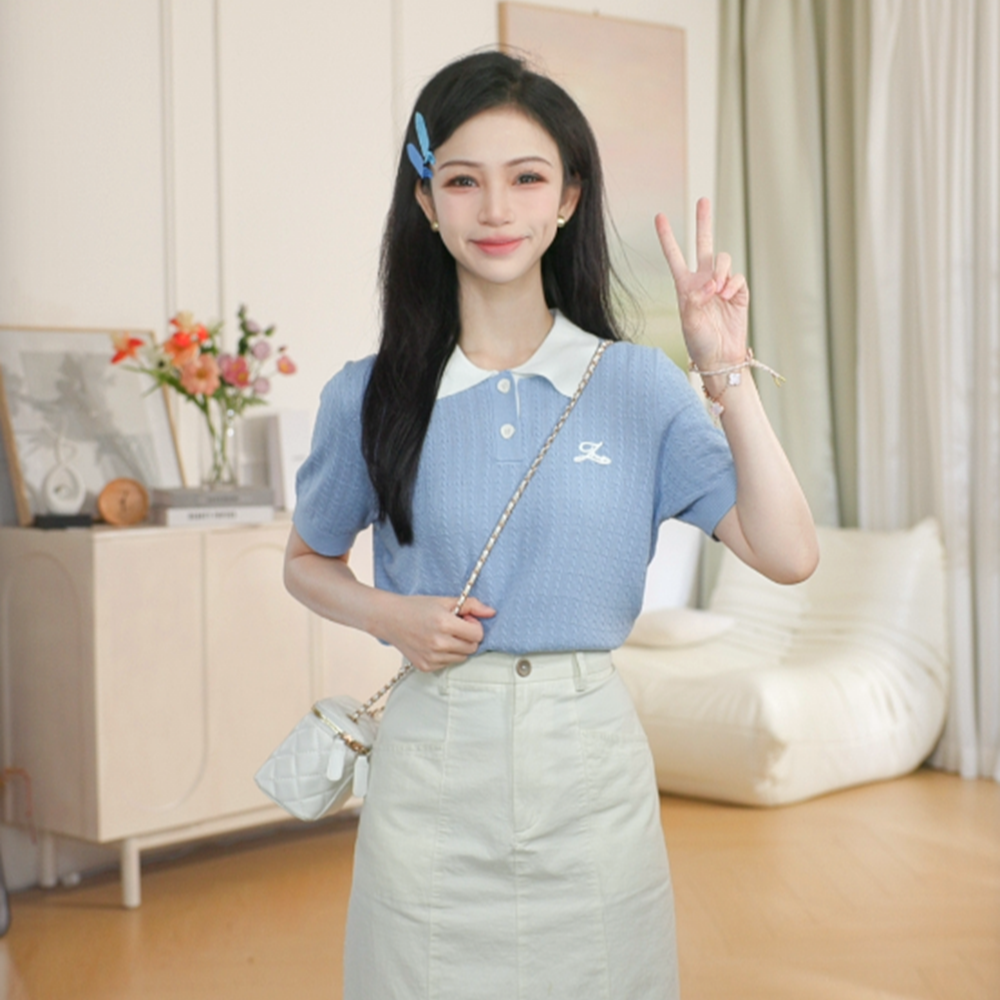 【恋夏穿搭】茵曼夏季法式亚麻绞花针织衫女简约翻领显瘦短袖上衣