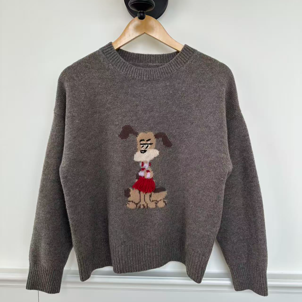 【一舟清水】100%羊毛卡通小狗毛衣气质减龄圆领针织衫女