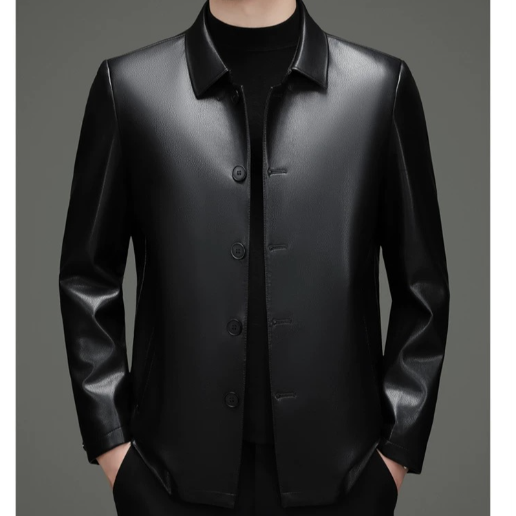 【海宁】翻领常规款皮衣皮夹克加绒时尚潮流修身