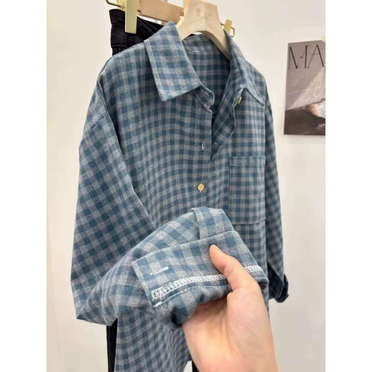 复古蓝色格子磨毛衬衫女新款宽松慵懒长袖设计感外套外套