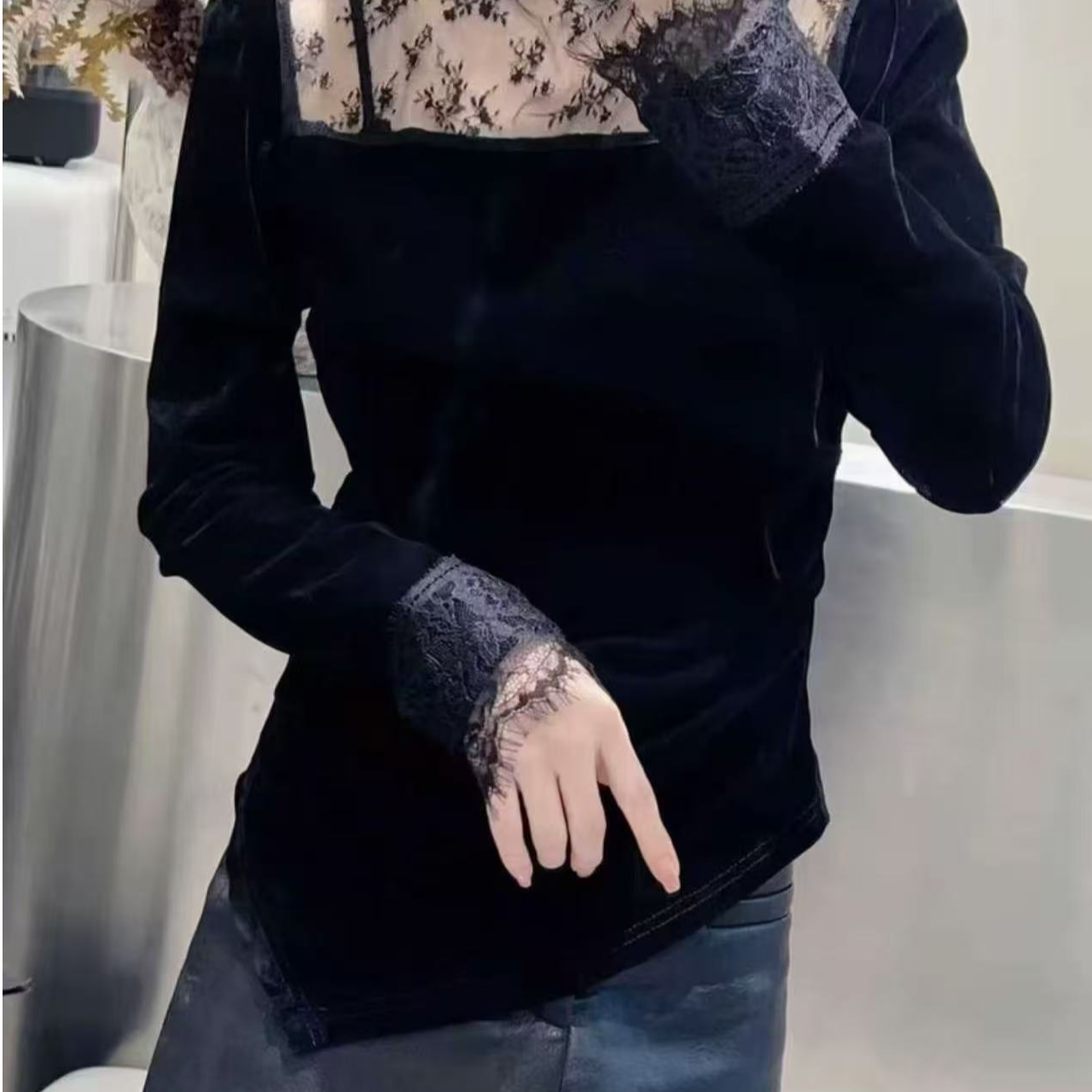  【花猫服装】秋季新款韩版百搭显瘦拼接蕾丝T恤女设计感小众上衣