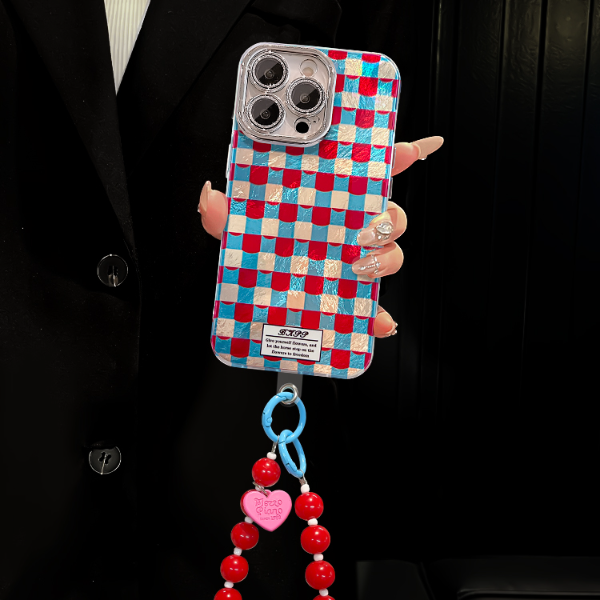 红蓝格子适用苹果15华为vivo/oppo小米iPhone精孔冰川纹手机壳