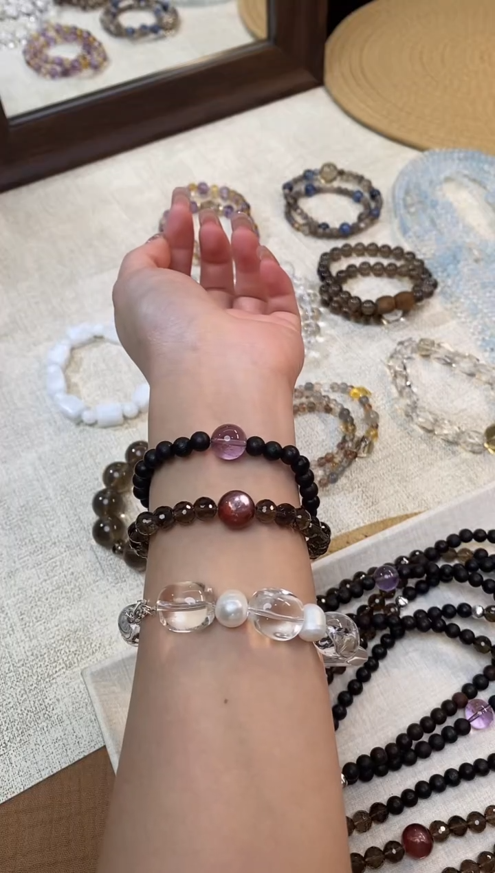 合金手链水晶《歌剧魅影》降真香茶晶粉锂紫晶双圈6-7mm多样性发一