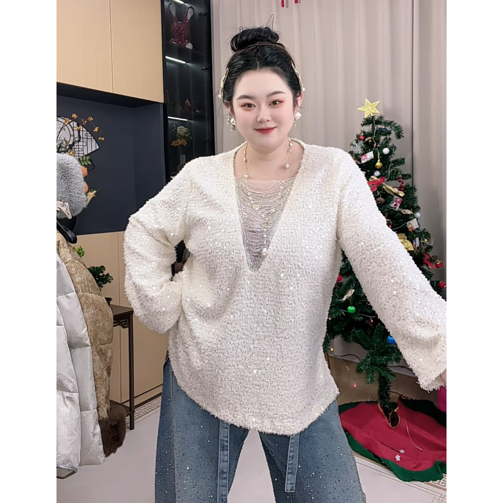 胖小旭《闪亮流苏》大码重工亮片设计时尚百搭气质款宽松上衣