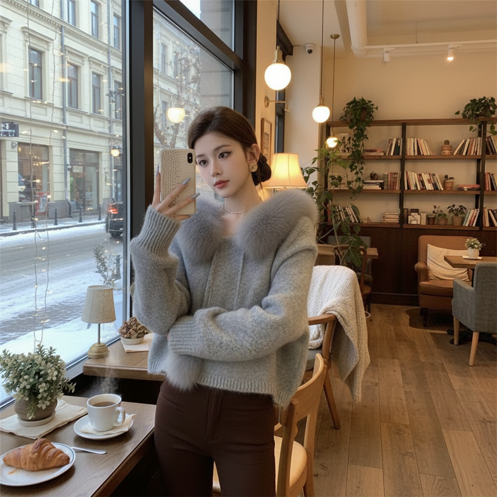 灰色可拆卸毛领独特漂亮针织衫女冬季新款软糯巨好看的小个子毛衣