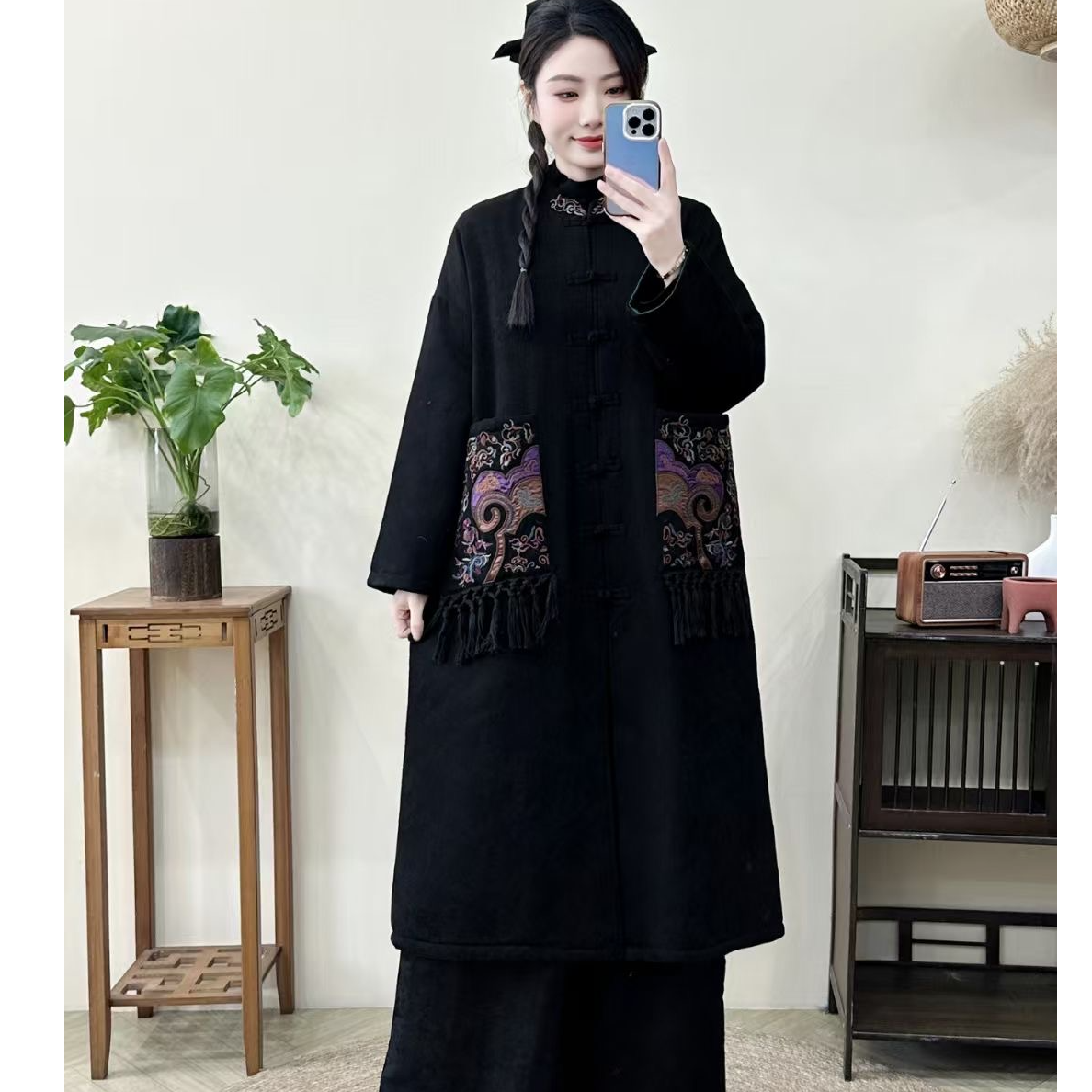 加厚棉服民族风复古口袋流苏刺绣亚麻棉提花盘扣棉袄中长款棉衣