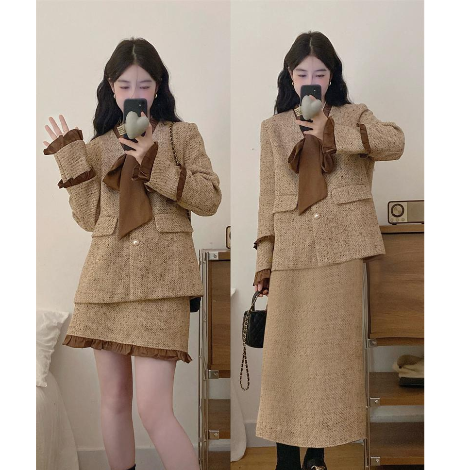 【冬季现货】大码复古名媛小香风高级感法式外套显瘦高腰套装8663
