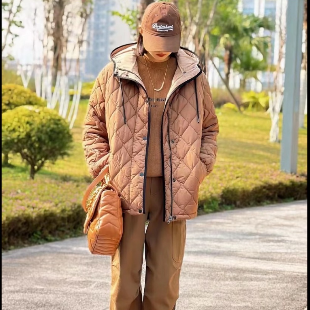 哥弟  女棉服厚款百搭保暖韩版防水棉衣菱形耐磨连帽冬季1400720