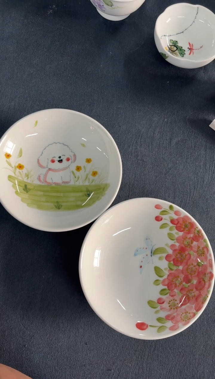 瓷片?*蓝景德镇高温陶瓷食品级手绘釉中彩-圆深盘2个