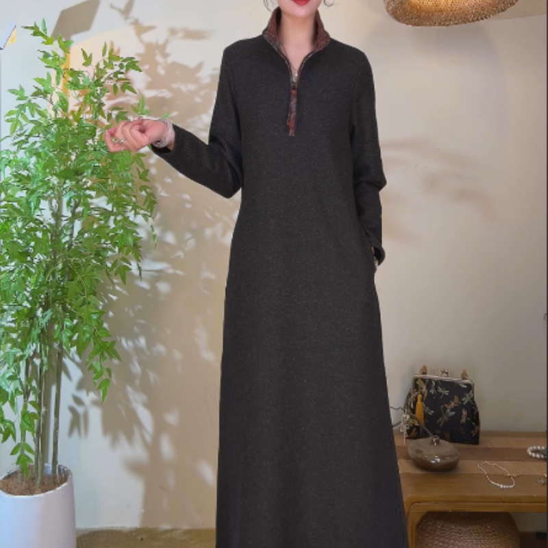 137冬【格纹立领】美气质法式轻奢显瘦时尚修身气质长款连衣裙