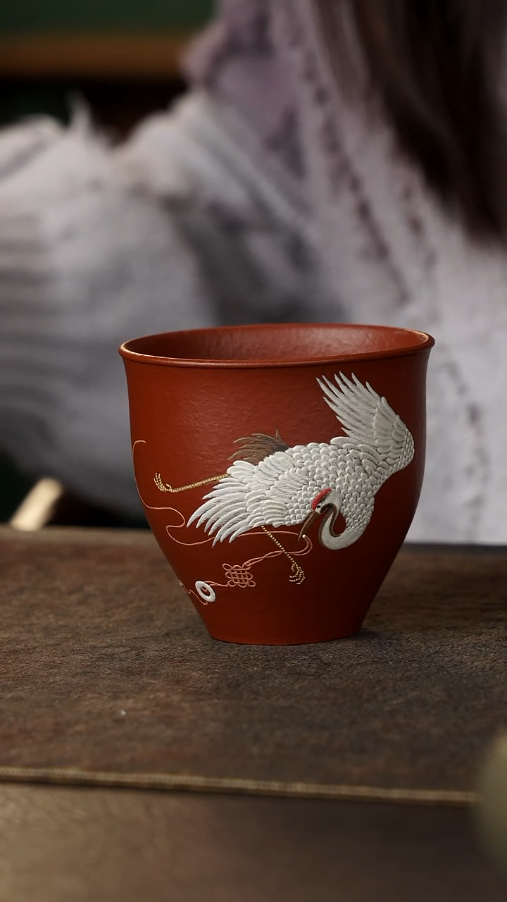 茶杯紫砂杯研所 瑞鹤呈祥 禅定杯 朱泥120cc