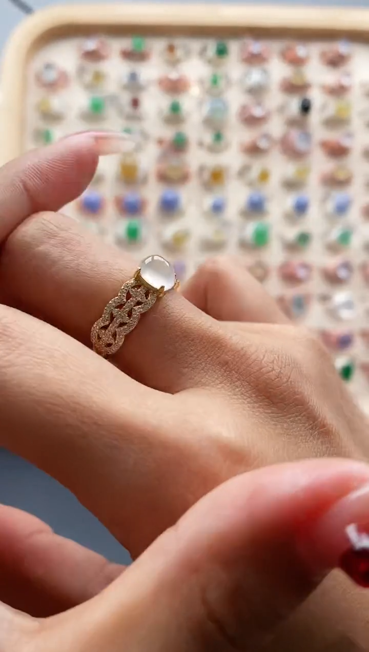 【闪购商品】翡翠戒指银S925镶嵌缅甸天然A货翡翠222 2+5