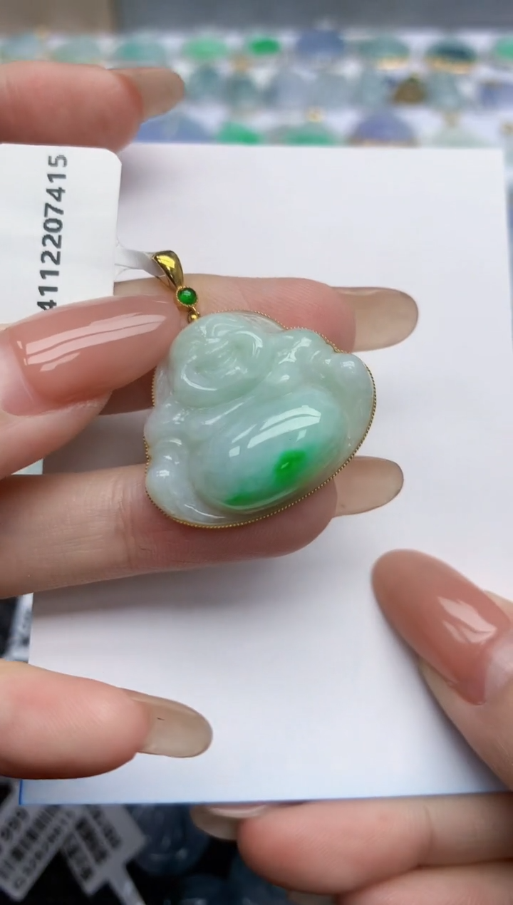 【闪购商品】翡翠挂件18K金镶嵌天然翡翠A货