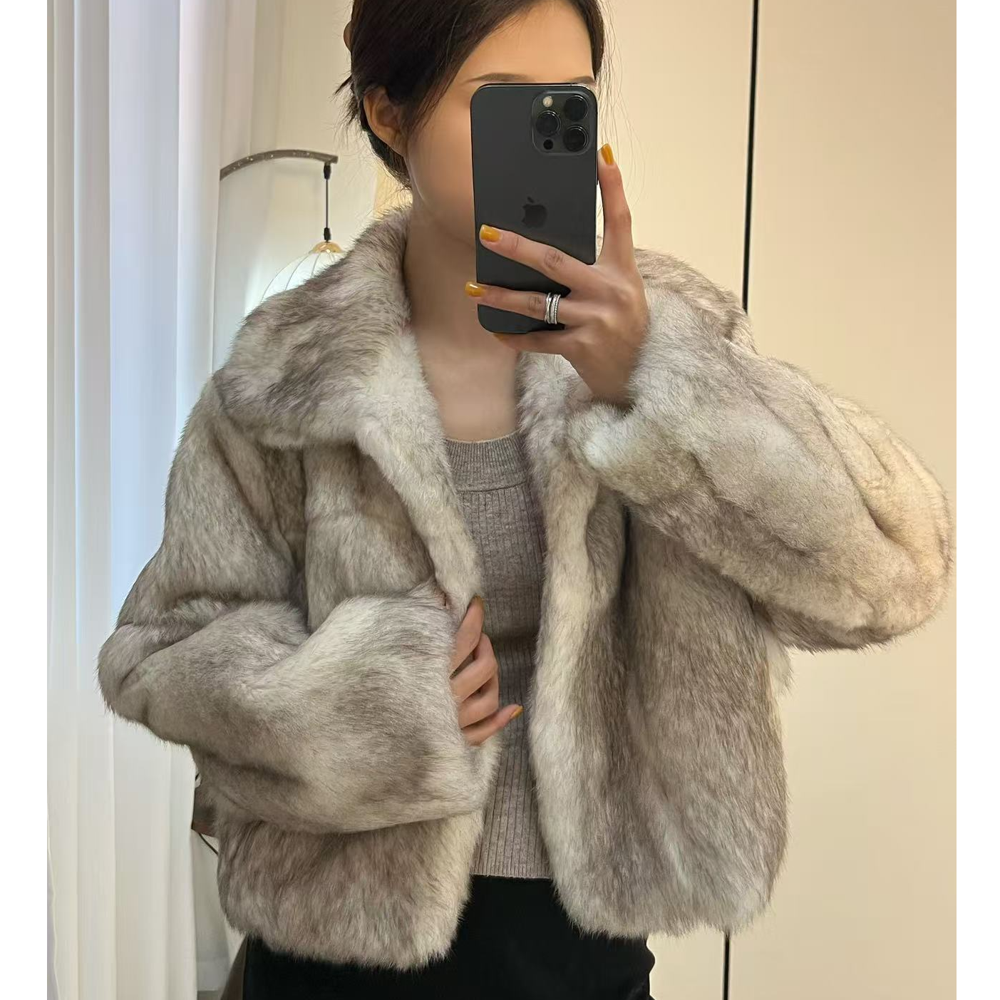 2025新款兔毛整皮外套小立领宽松韩系毛毛外套女冬季