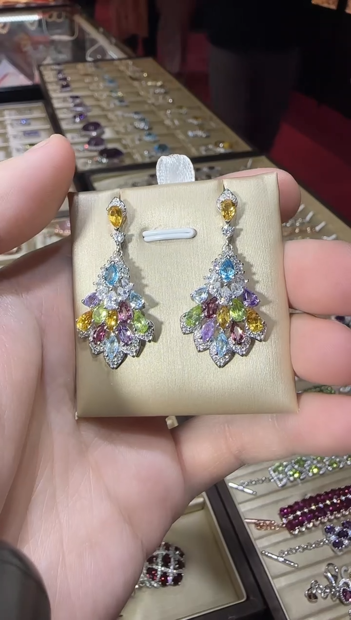 银S925镶嵌托帕石耳饰多彩宝石耳坠