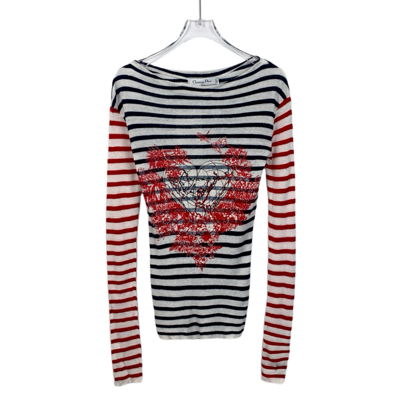 95新 DIOR/迪奥 H11870  拼色条纹爱心圆领长袖针织衫 36 XS码 