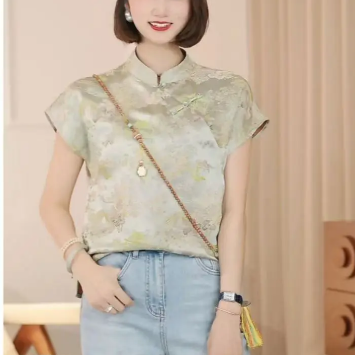 X复古新中式百搭斜襟盘扣国风气质立领时尚小衫#865