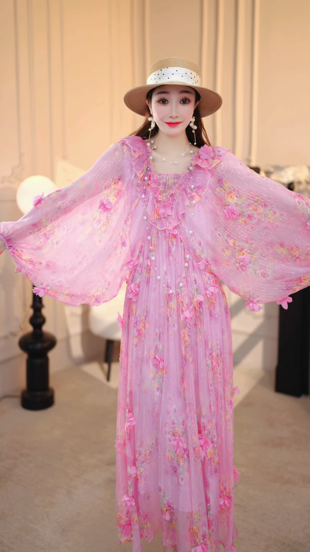 【蝴蝶仙女】碎花夏季法式中式复古粉色长裙公主显瘦遮肉显瘦裙