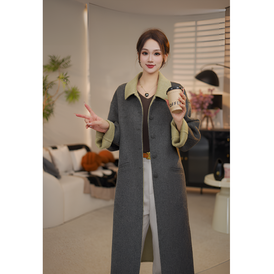 2025年新款双面双色羊毛羊驼毛天丝长绒毛娃娃领单排扣大衣