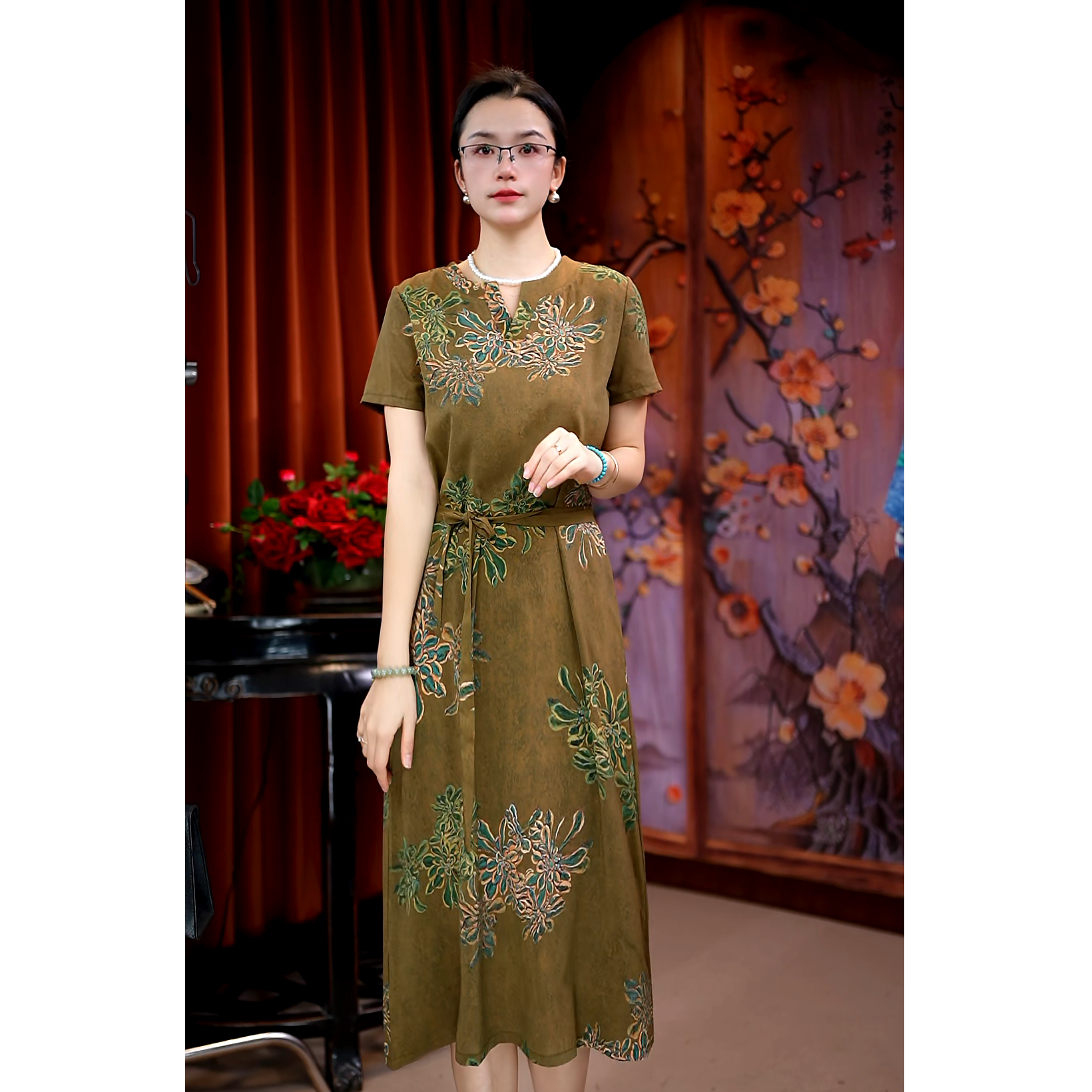 （梧秋）吊带款中长裙夏季极简风连衣裙印花中国风女装长裙