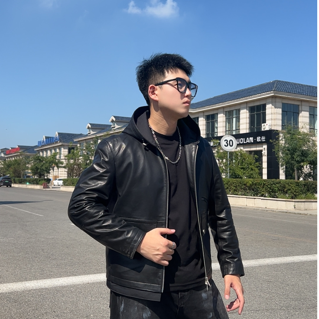 【亿阳优选】202517 春秋上新简约时尚法国进口山羊皮连帽真皮外套