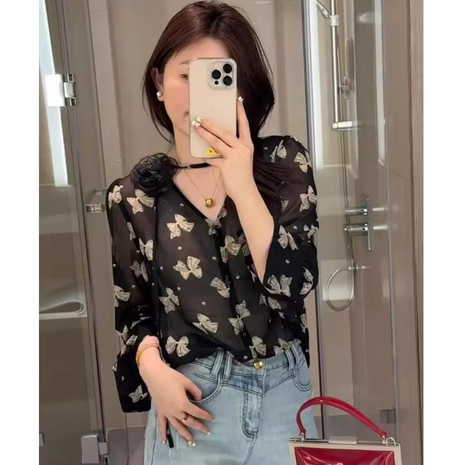 设计感印花V领雪纺衫女2025夏季新款宽松显瘦小衫气质泡泡袖1447