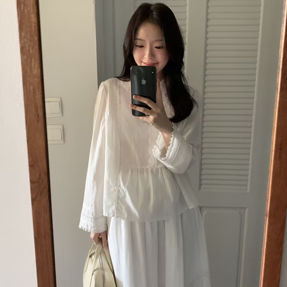 2100早春新款棉纱布韩系衬衣白色时尚甜美早春薄款棉衬衣