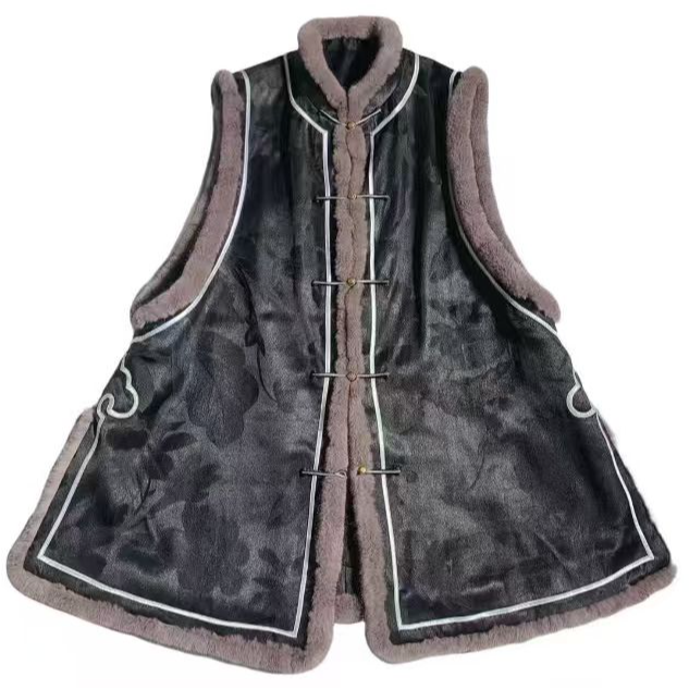 沧元水貂毛重缎香云纱羊绒棉马甲保暖国风复古