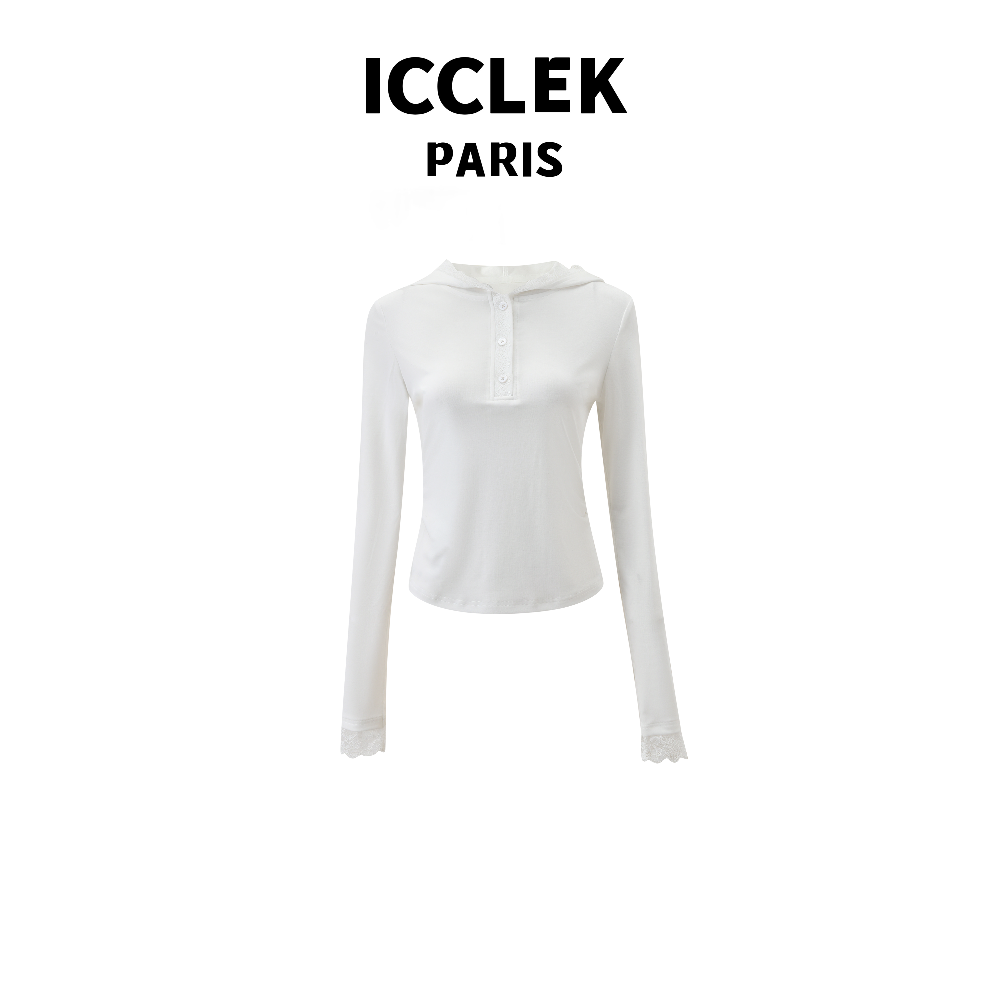 ICCLEK 白色蕾丝边带帽长袖打底针织衫气质显瘦百搭简约  -  1725