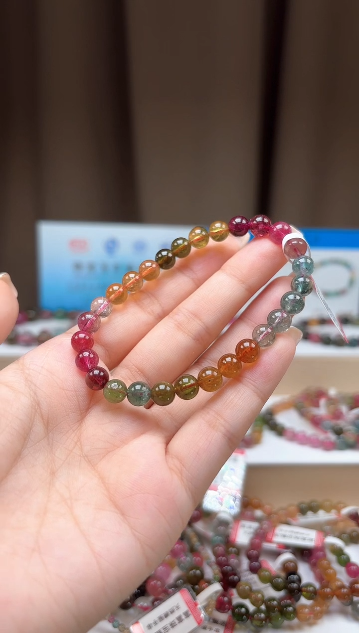 未镶嵌手串碧玺6.8mm巴西老料玻璃体彩虹色碧玺单圈手串