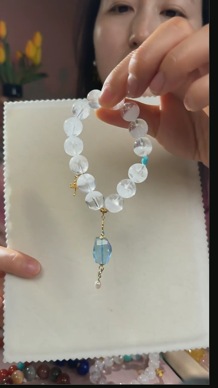 【闪购商品】水晶手串18K金镶嵌天然白幽灵手串13mm