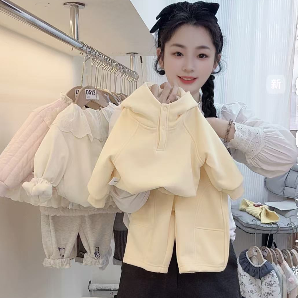 【现现】【秋冬季加绒加厚新款】女宝宝韩版连帽加绒卫衣卫裤套装