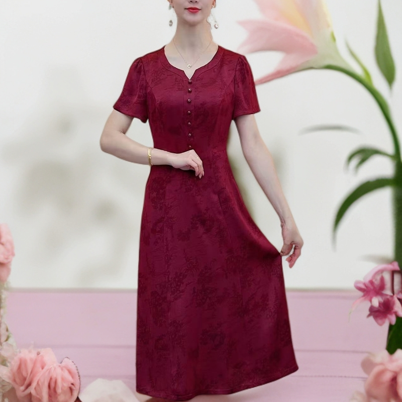 [132]2025夏季新款气质修身百搭显瘦高贵洋气减龄花色连衣裙