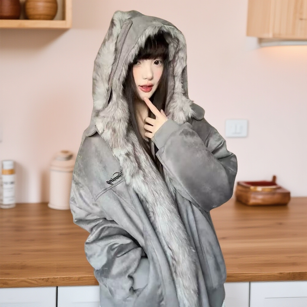 麂皮绒灰色韩系甜酷风连帽棉服女可拆卸兔耳朵秋冬新款宽松外套