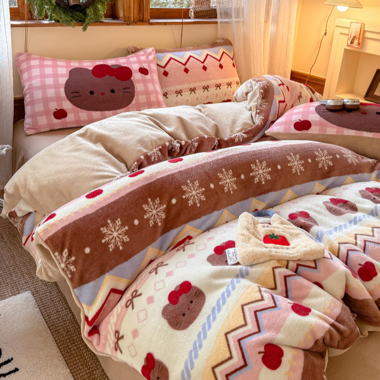 猫咪日记冬季圣诞款粉色喵喵大版枕套加厚牛奶绒四件套三件套