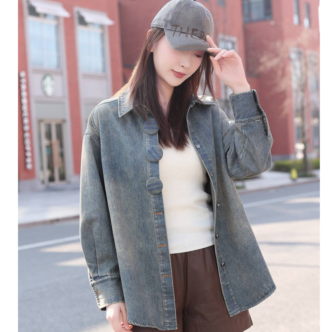 漠希摩2025早秋新款韩版复古牛仔水洗长袖衬衫女慵懒风极简