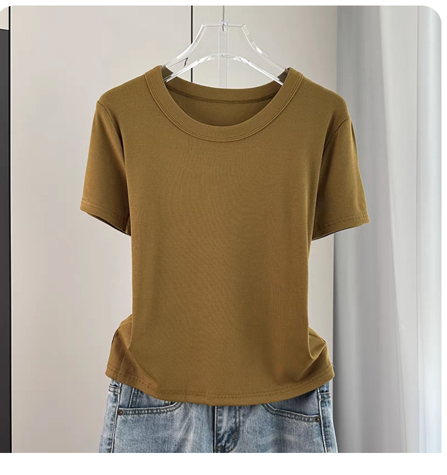 短袖螺纹气质夏季女士法式圆领T恤黑色百搭宽松内搭韩版