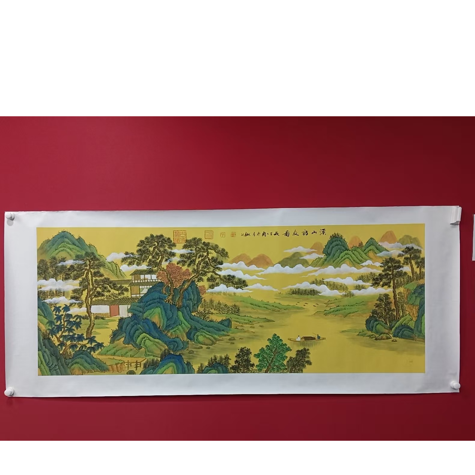 李新社手绘宣纸六尺横幅溪山访友-山水画