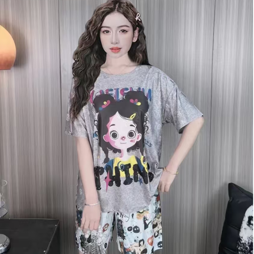 【沐茜MUXI】夏季提花冰丝薄款宽松卡通家居服三件套带胸垫