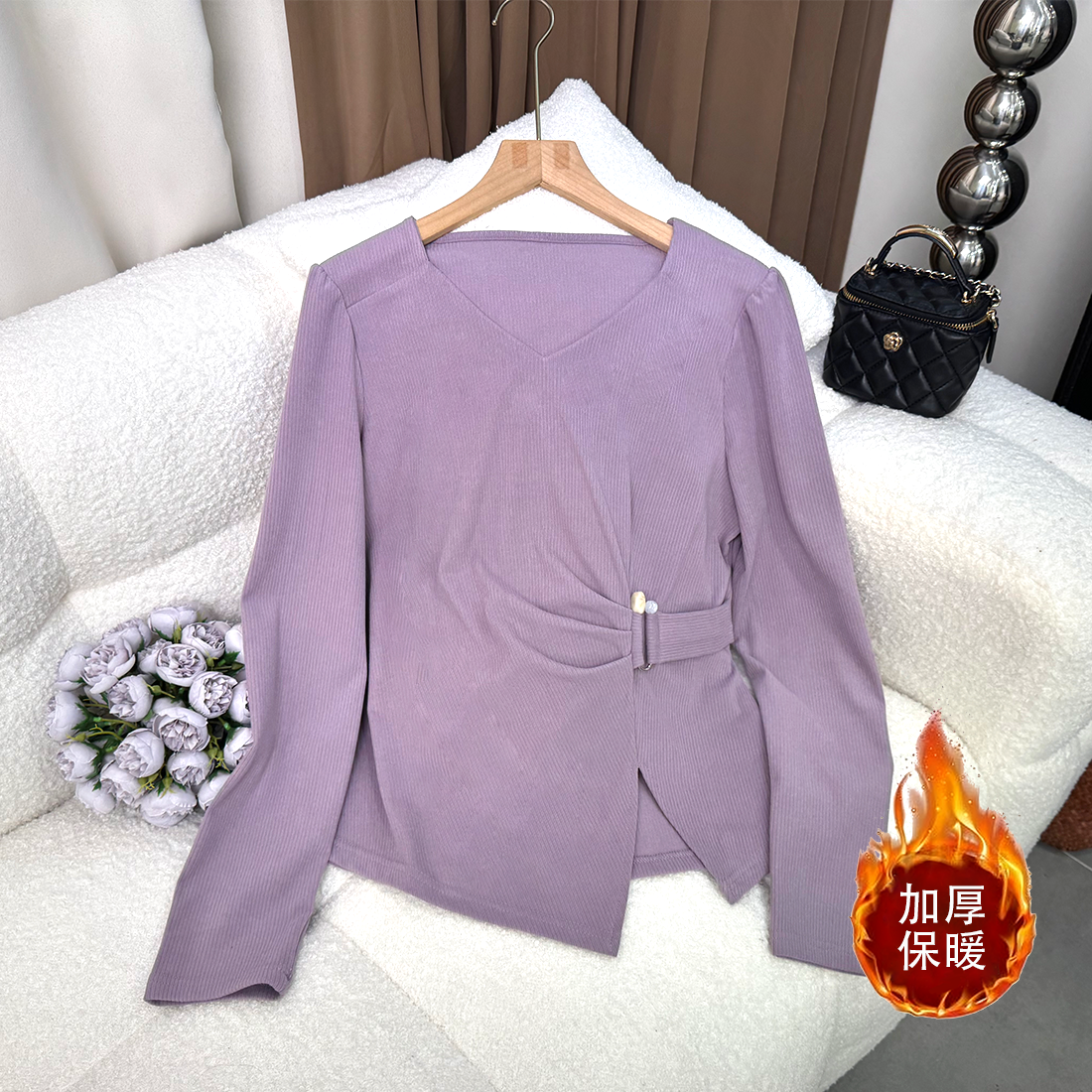 设计感白色V领长袖T恤女2026大码加厚保暖胖mm爆款不规则上衣