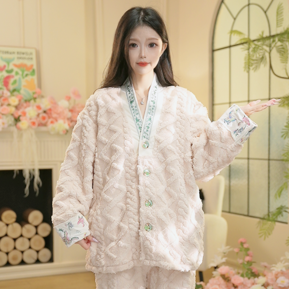 【漫白】H冬季新款长袖加绒厚款家居服高颜值柔软睡衣套装