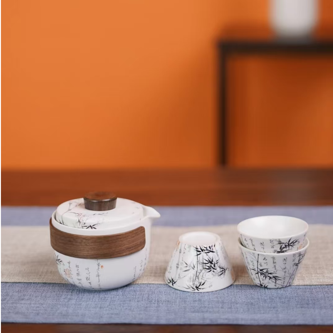 羊脂玉旅行茶具墨竹一盖碗三杯户外露营便携泡茶壶KK0237