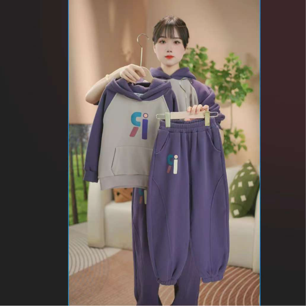 加绒加厚两件套2025中大童亲子款R字母冬季加绒连帽卫衣两件套装