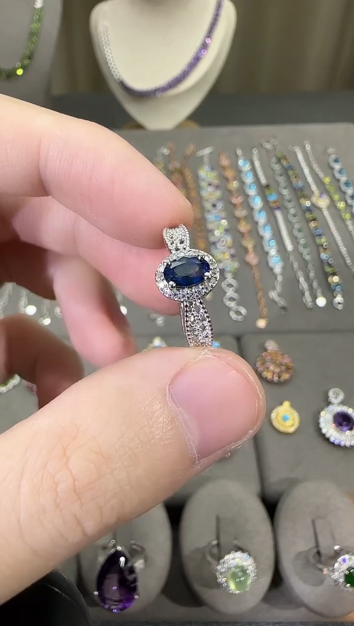 戒指蓝宝石银S925镶嵌5*7mm戒指简约款